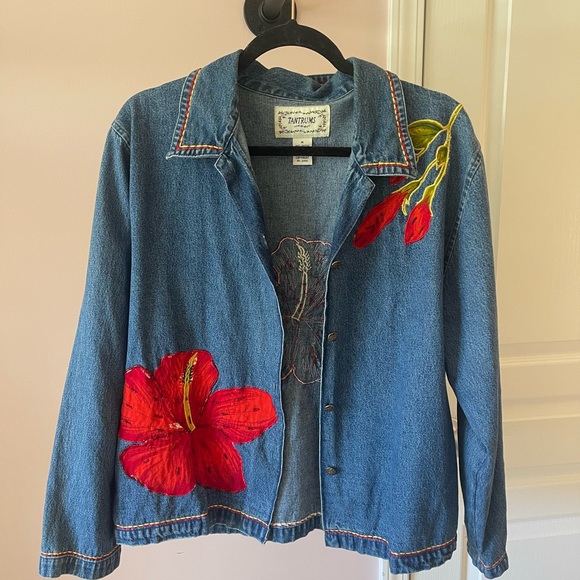 Tantrums Jackets & Blazers - Tantrums Blue Denim Jacket with Red Floral Accents